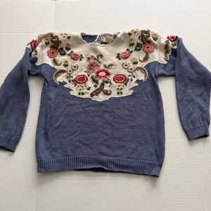 Chic Floral Embroidered Sweater in Blue and Cream